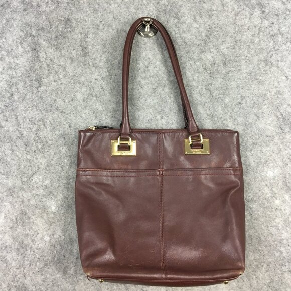 Tignanello Tote Handbag Purse Brown Leather Dark Gold Hardware Pouches Shopper - Picture 1 of 16